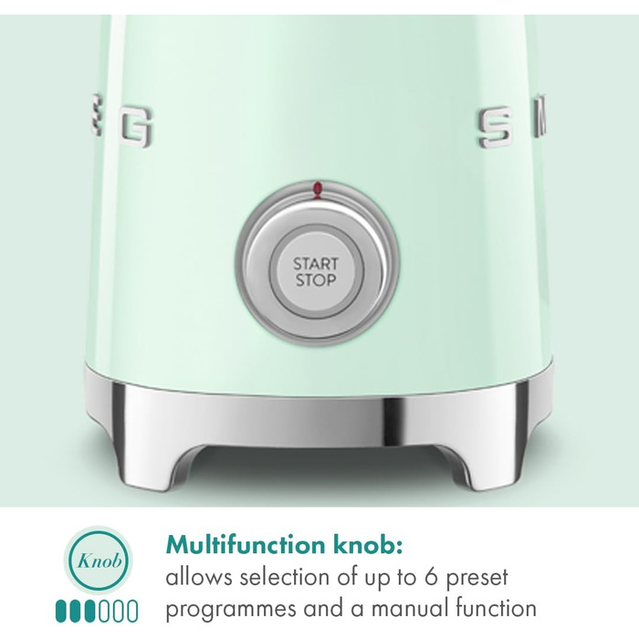 Пінсувальник молока Smeg MFF11PGEU, багатофункціональний, індукційний, 6 програм, ручний режим, скляна колба 600 мл, мірна кришка, вбудований переливання, 500W, пастельно-зелений