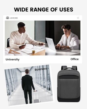 LOVEVOOK Рюкзак чоловічий великий, для ноутбука 17 дюймів, ділова сумка, рюкзак для роботи, шкільний рюкзак, водонепроникний, туристичний рюкзак, чоловічий, повсякденний, для офісу, роботи, подорожей, навчання (15.6 дюймів, Темно-сірий)