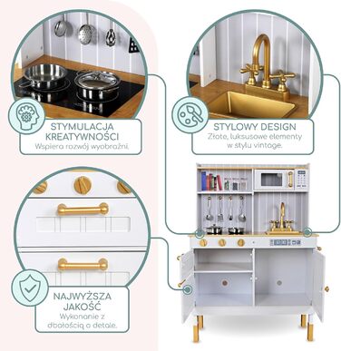 Дерев'яна дитяча кухня Mamabrum з LED-підсвічуванням - іграшковий кухонний набір з висотою, що регулюється, з приготуванням кубиків льоду, мікрохвильовою піччю, плитою та посудомийною машиною - іграшка для дітей від 3 років (Білий)