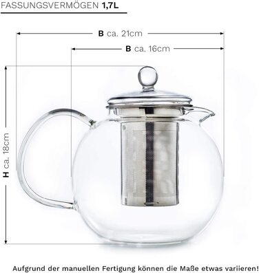 Скляний чайник Creano об'ємом 1,7 л Каструля з нержавіючої сталі, скляний чайник з 3 предметів з вбудованим ситечком з нержавіючої сталі і скляною кришкою