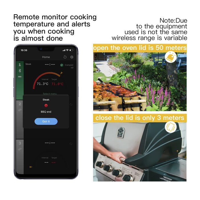 Термометр для м'яса бездротовий, з Bluetooth- Термометр для гриля бездротовий для дистанційного контролю гриля, духовки, фритюрниці, інтелектуальний термометр для м'яса, моніторинг APP до 50м.