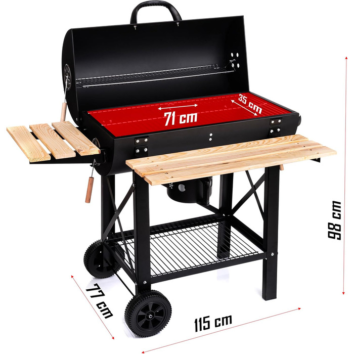 Дров'яний мангал Lehmann з решіткою-грилем XL, візком для дров, 2 полицями, кришкою, колесами та зручною ручкою. Ідеальний для саду, тераси, кемпінгу.