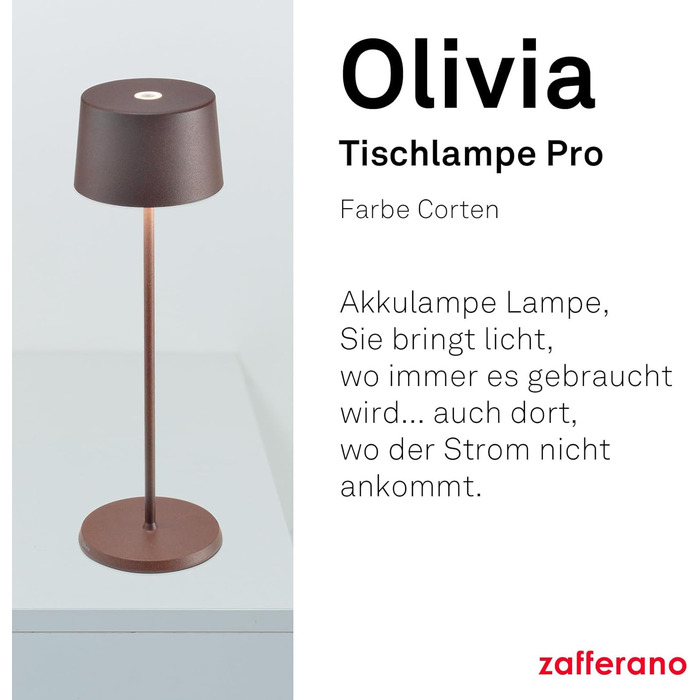 Zafferano Olivia Pro: Портативна LED-лампа з торшером, регулювання яскравості, 2200-3000K, Corten, для дому та саду
