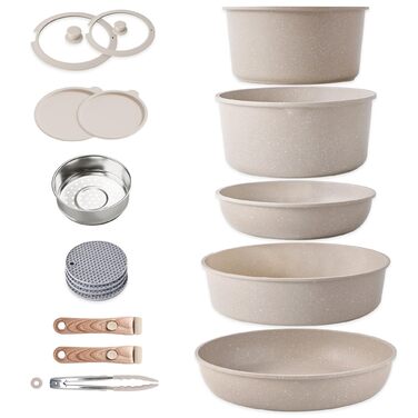 Набір посуду RIOVARM з індукційним дном, антипригарне покриття з граніту, знімні ручки, силіконові кришки, без PFOA. Каструлі та сковорідки