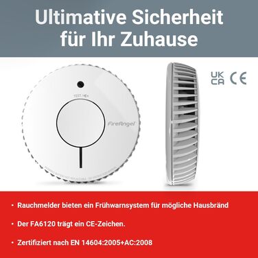 Датчик диму FireAngel FA6120-INT-T2 (2 шт.) з батареєю на 10 років, кнопкою тестування/вимикання, заміна ST-622/ST-620, білий