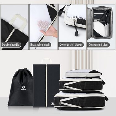 Набір компресійних органайзерів для одягу AiQInu, 5 шт, дорожні сумки-пакувальники з мішком для взуття та білизни, ультралегкі розширювані органайзери для валізи та ручної поклажі (Чорний)