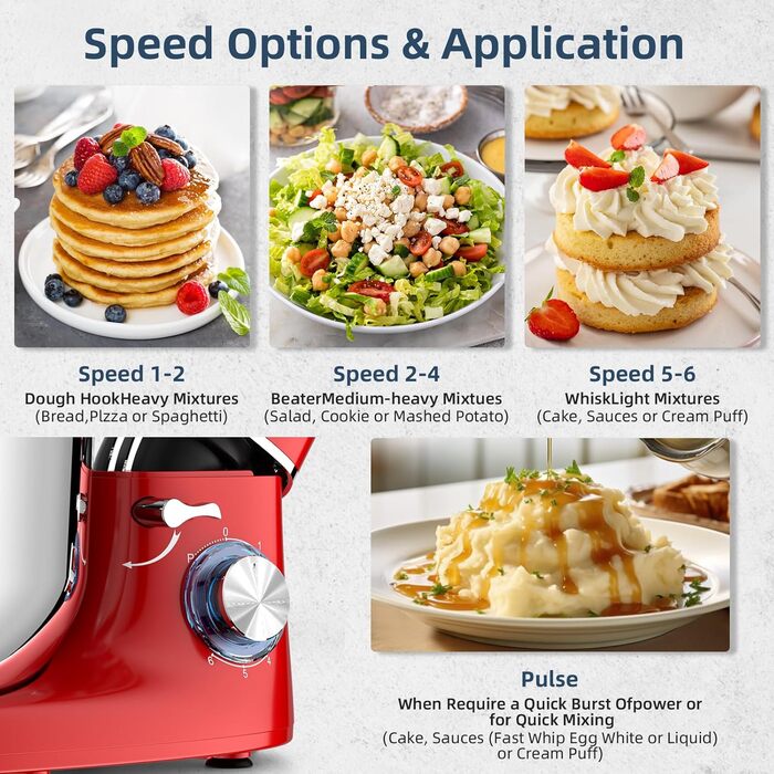 Кухонна машина Cheflee 2000W з місткістю 6.2л, нержавіюча сталь, 6 швидкостей, низький шум, насадки для замішування та збивання, для тіста та крему