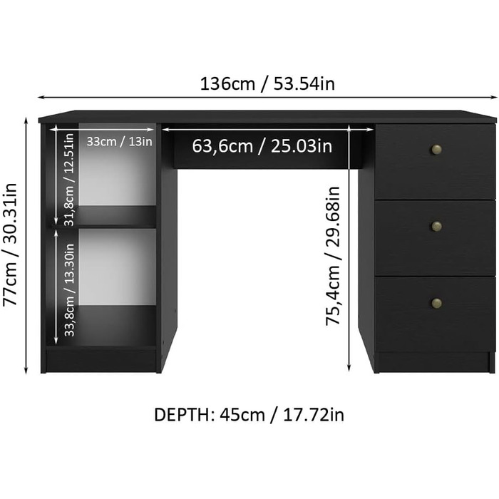 Письмовий стіл Madesa Modern, комп'ютерний стіл з 3 шухлядами та 1 дверцятами, 136 x 45 x 77 см, дерев'яний - чорний