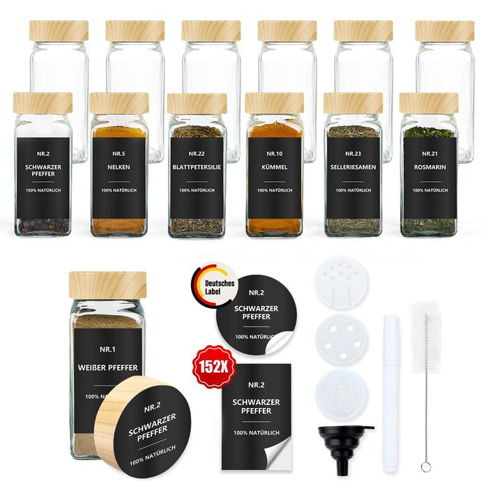Набір кухонних банок для спецій 24 шт. з етикетками: скляні дозатори 120 мл з ситечком, вологостійкі етикетки, органайзер для спецій у шухляду, чорний