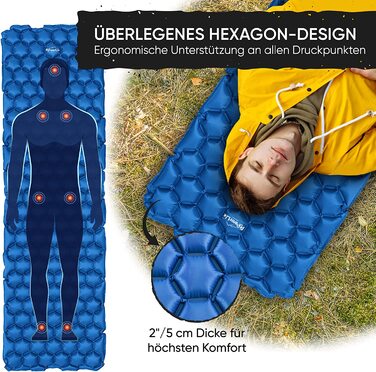 Спальний килимок POWERLIX для кемпінгу надувний матрац на відкритому повітрі - надлегкий надувний спальний килимок, компактний і легкий для активного відпочинку, кемпінгу, альпінізму, піших прогулянок - надувна сумка, сумка для перенесення, Ремонтний комп