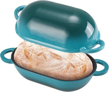 Форма для випікання хліба з кришкою Gusseisen, 23 см, емальована чавунна форма, 2.75 л, для випікання хліба, жаровня з кришкою, сумісна з духовкою (перехідний колір блакитно-зелений)