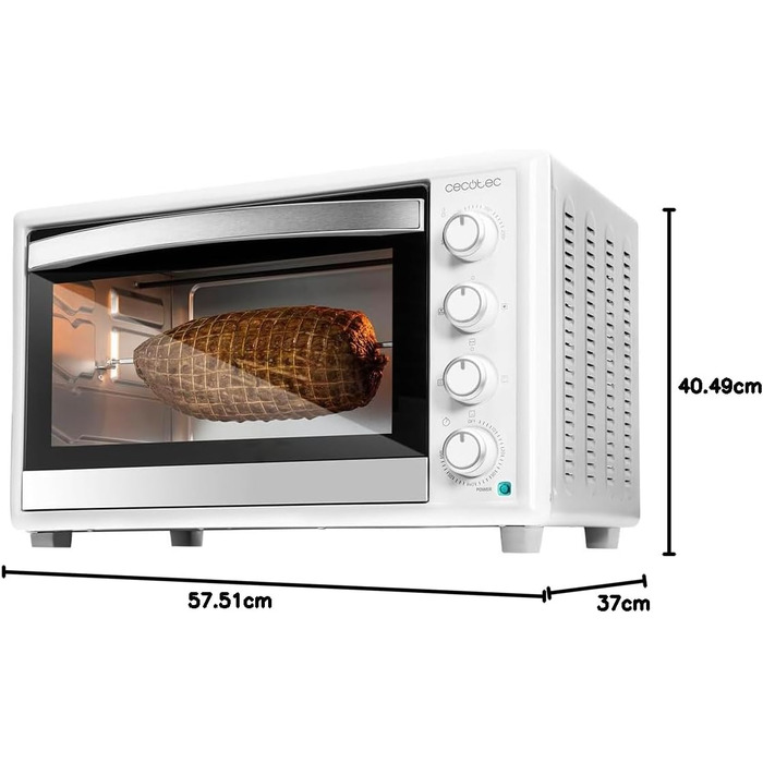Конвекційна піч Cecotec 46L Bake&Toast 4600 White Gyro: 2000 Вт, 12 функцій, внутрішнє освітлення, регулювання температури до 230°C, подвійне скло, з поворотним шампуром
