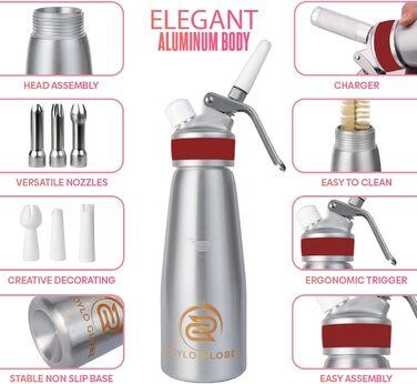 Професійний дозатор для збивання вершків, 500 мл, з силіконовим руків'ям, міцний, для приготування вдома, 6 насадок з нержавіючої сталі та пластику, 2 пензлики для чищення