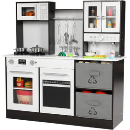 Дерев'яна дитяча кухня Mamizo з підсвіткою та звуком, іграшкова кухня для дітей, 90x30x90 см, з аксесуарами та 2 ящиками для зберігання, іграшка для дітей від 3 років (колір: коричневий)