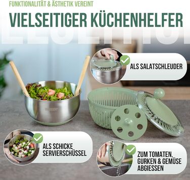 Салатниця-швидкоочисник з нержавіючої сталі з ручним приводом, 4.5л [2-в-1, випуск води, придатна для миття в посудомийній машині, неслизька]