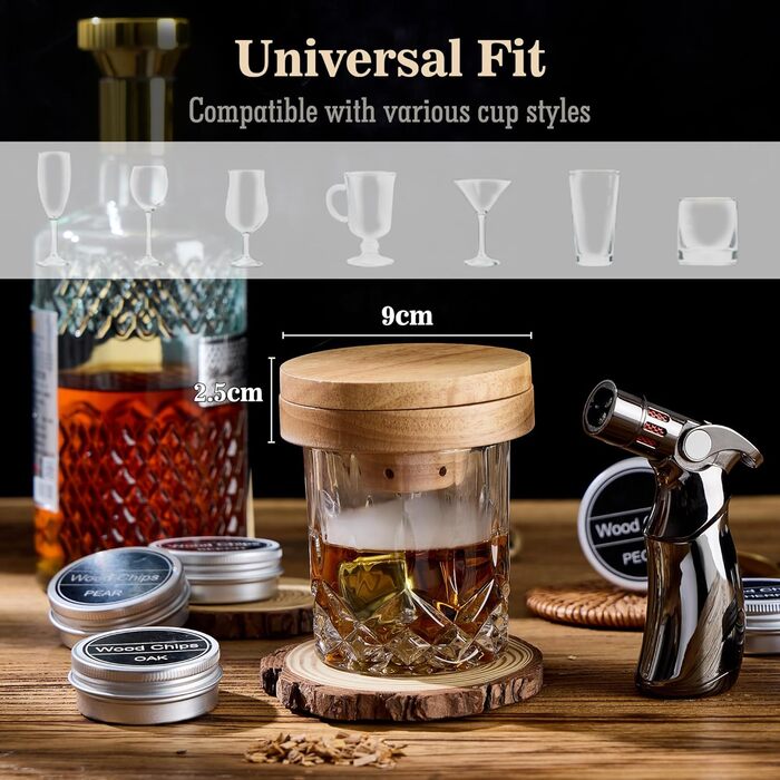 Набір для копчення віскі – Old Fashioned Cocktail, 6 дерев'яних чіпсів, 4 гранітні камені, запальник та аксесуари для поціновувачів віскі та коктейлів (без бутану), гранітні камені з нержавіючої сталі