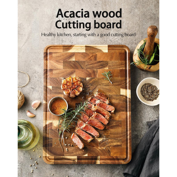 Дерев'яний обробний дошка XINZUO з акації (35x25x2.6 см) - обробна дошка для кухні з антиковзкими ніжками, ручкою та канавкою для соку, практичний аксесуар для кухні