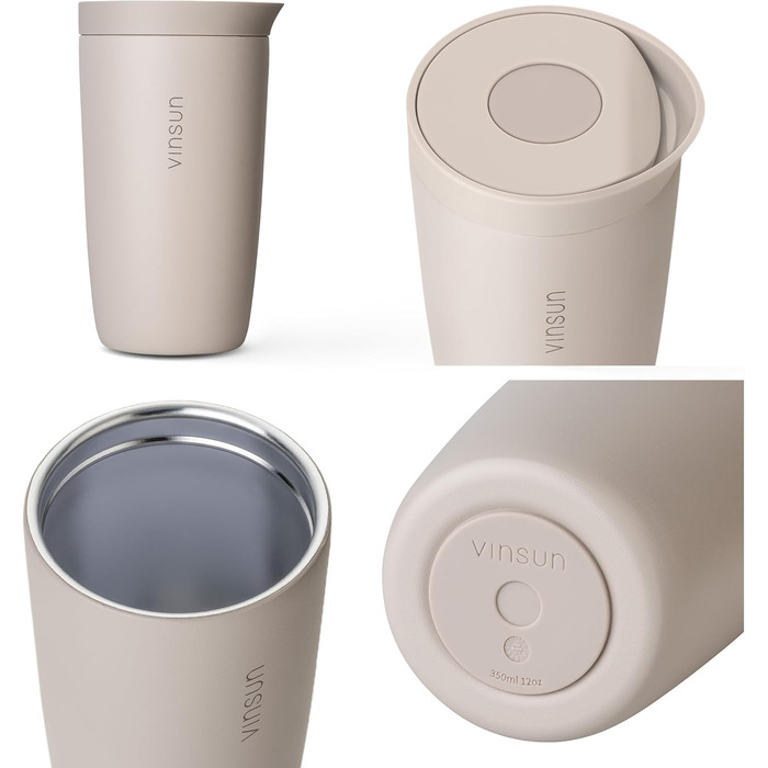 Термокружка VINSUN для кави з собою 350 мл, з подвійними стінками, з нержавіючої сталі, з герметичним клапаном, для гарячих та холодних напоїв, для автомобіля, університету, бежевий колір