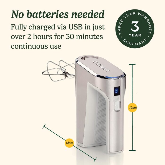 Електричний ручний міксер Cuisinart Akku-Power з нержавіючої сталі, 5 швидкостей, USB-зарядка, бездротовий, для випічки, 20 хв роботи, миється в посудомийній машині