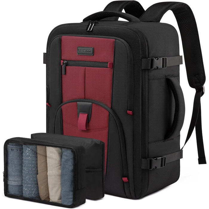 LOVEVOOK Рюкзак для ручної поклажі в літак, дорожній рюкзак чоловічий/жіночий великий, рюкзак-валіза з відділенням для ноутбука, рюкзак для подорожей, ручної поклажі, 40л, для чоловіків/жінок, для роботи/бізнесу, (Чорно-червоний, L (45 x 32 x 20 см))