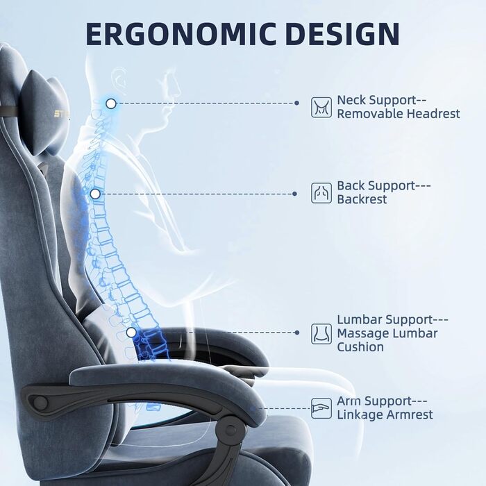 Крісло геймінгове Ferghana з підголівником та підставкою для ніг, сталево-синій колір. Зручне крісло для геймерів та офісу.