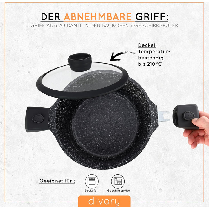 DIVORY Сковорода-гриль 28x28 см з виливом та знімним ручками - для стейків, індукційна, з антипригарним покриттям, з щипцями та захистом для сковороди