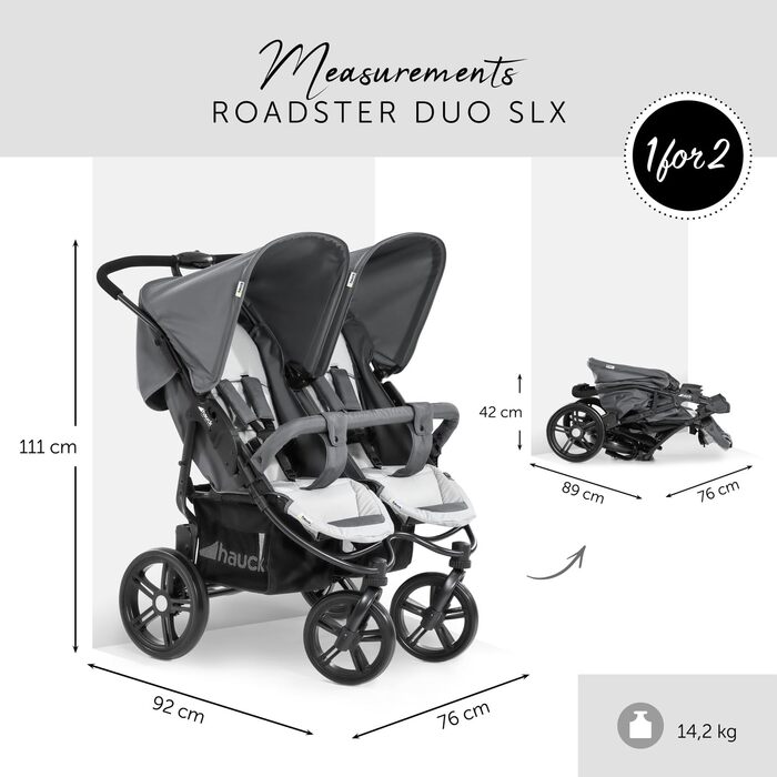Візок для близнюків Hauck Roadster Duo SLX Grey/Silver: прогулянка від народження до 15 кг, функція лежання, великий кошик, компактний у складеному стані