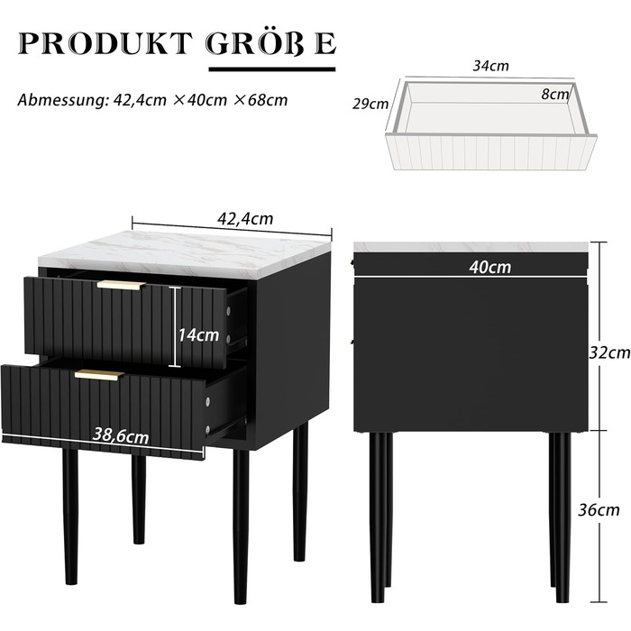 Набір тумбочок UEV з 2 шт. , мармур, з шухлядами та металевими ніжками, 42x40x70см, чорний