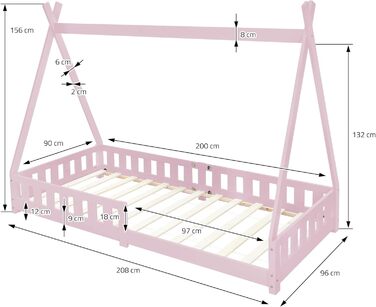 Дитяче ліжко ML-Design Teampee із захистом від падіння з висоти та рейковим каркасом, сосна, індійське Ліжко з масиву дерева для дівчаток та хлопчиків, Ліжко-будиночок з огорожею Дитячий будиночок Молодіжне ліжко-намет (90х200 см з матрацом (В 16 см), рож