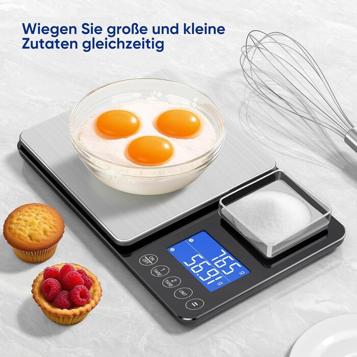 Цифрова кухонна вага 15 кг / 0,01 г, високоточна вага з двома дисплеями, функцією підсумовування та тарування, 7 одиниць вимірювання, для приготування їжі та випічки, з батарейками K600H