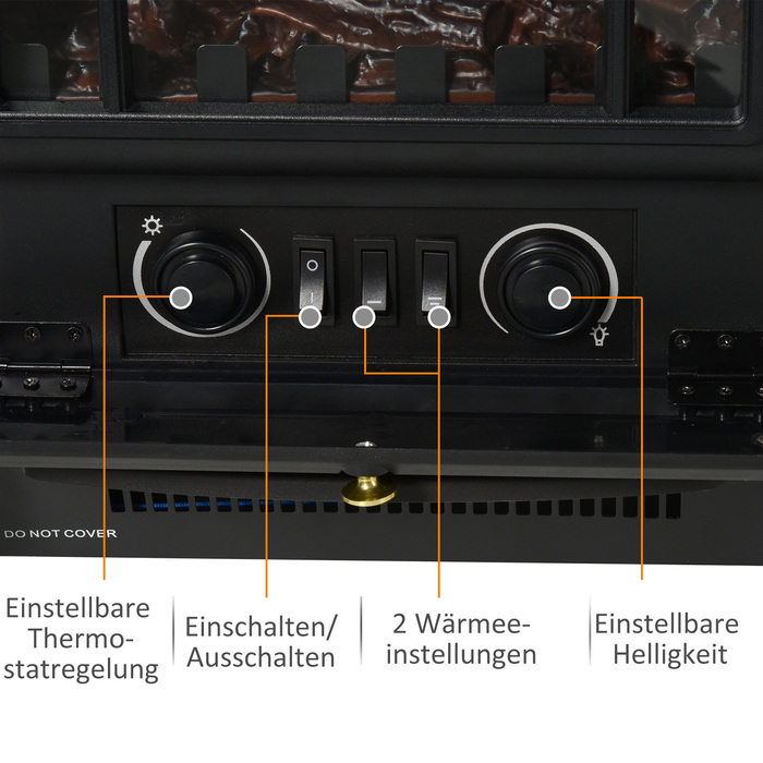 Електрокамін з підігрівом, електричний камін з LED-ефектом полум'я, декоративний камін потужністю 1000/2000 Вт, електрична імітація вогню з захистом від перегріву, камін-піч, чорного кольору.