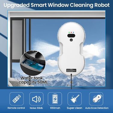 Робот для миття вікон з автоматичним струменем води, 5600 Па, автоматичний мийник вікон, інтелектуальна навігація, пульт дистанційного керування, для гладких поверхонь, з 10 ганчірками для миття (E 2800pa)