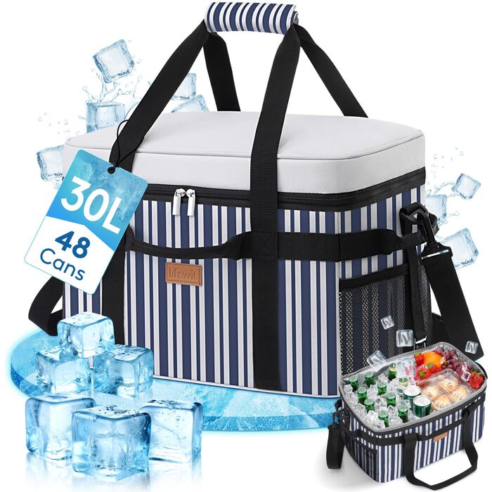 Термосумка-холодильник Lifewit 30л для пікніка, їжі та напоїв (Blaugrau Gestreift)