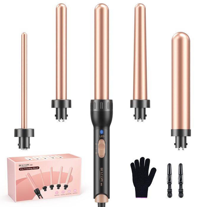 BESTOPE MIX Локкенштаб 5-в-1: Набір для завивки волосся з керамічним нагрівом, 9-32 мм, різні насадки для великих та маленьких локонів, швидкий нагрів, регульована температура, для довгих та коротких волосся