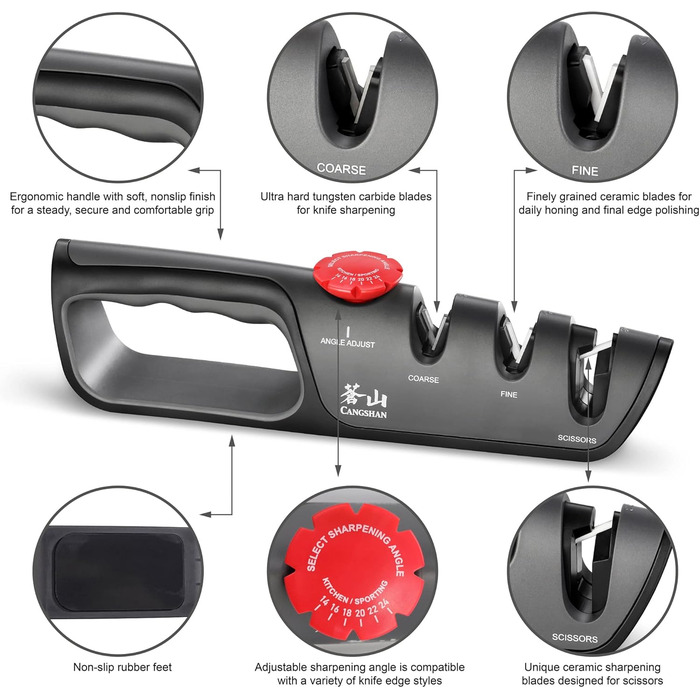 Професійний ніж Cangshan 1026108 з регулюванням 3 ступенів (14-24 градуси) + точилка для ножів, чорний