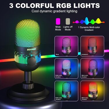 Мікрофон Aokeo для запису та стрімінгу: USB мікрофон для ПК, Mac, PS4/5, з LED-підсвічуванням