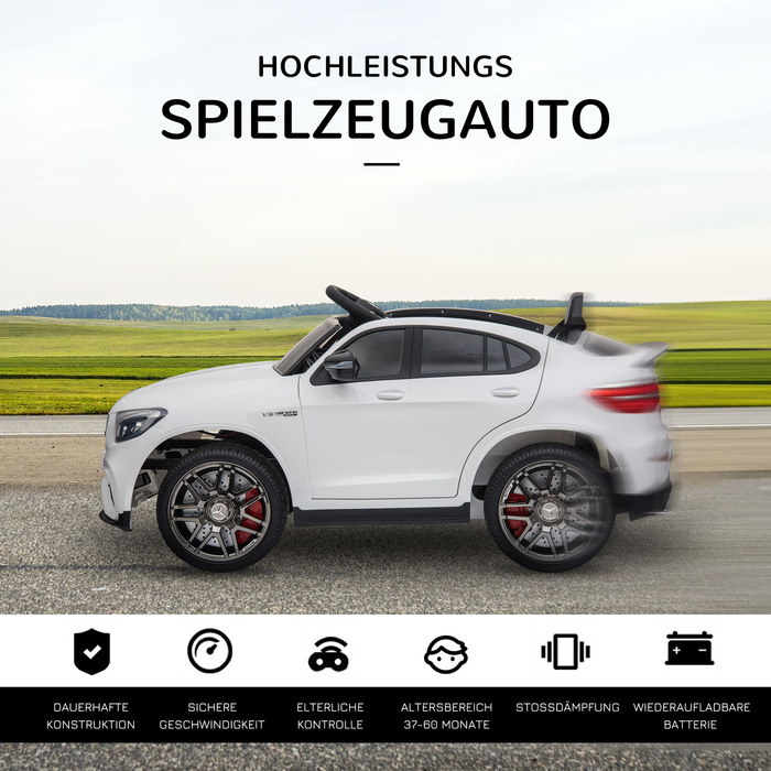 Дитячий електромобіль HOMCOM Mercedes-Benz AMG GLC63S COUPE, ліцензована модель, 12V, з пультом дистанційного керування, ременем безпеки, 2 x 35W двигуни, MP337-60, білий, розміри: 115 x 70 x 55 см. (Для дітей віком 6-12 років)