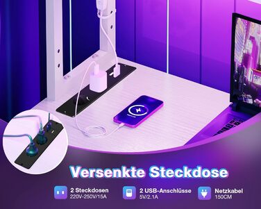 Ігровий стіл Coleshome L-подібної форми з LED підсвічуванням та розетками, 115x80 см. Реверсивний стіл з полицями для зберігання, ігровий кутовий стіл з сумкою для дому та геймінгу.