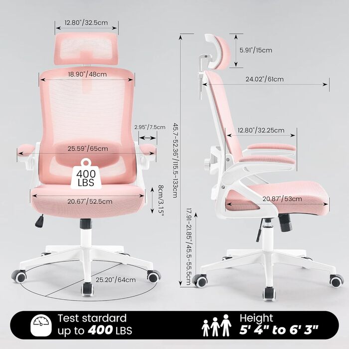 Ергономічне крісло для офісу Fizzin, комп'ютерне крісло з регульованою поперековою підтримкою, дихаюча сітчаста спинка, посилене сидіння, зручне крісло для дому та офісу (рожеве)