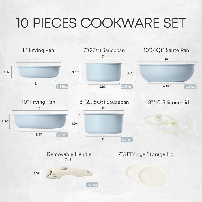 Набір каструль і сковорідок CAROTE з 10 предметів, зі знімною ручкою, індукційний посуд, з антипригарним покриттям
