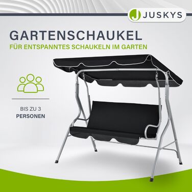 Садова гойдалка Juskys на 3 місця з регульованим дахом і м'якою подушкою, до 200 кг, водостійкий поліестер, антиковзкі ніжки, для саду та тераси, чорна