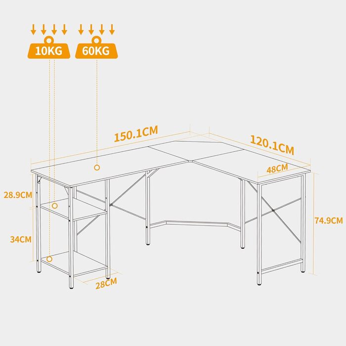 Подібний стіл CubiCubi з полицями, 150x120 см, коричневий, кутовий та ігровий стіл, домашній офіс