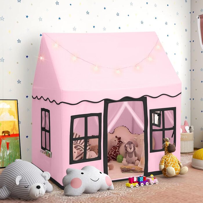 Дитячий намет Dreamade з гірляндою та килимком, намет Тіпі, дитячий будиночок з вікнами, рожевий