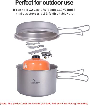 Набір кухонного посуду iBasingo Titan Topf Pfanne Set 1200мл & 500мл: каструля, сковорода, миска для кемпінгу, туризму, приготування їжі на природі. Легкий набір з 2 шт. з розкладним ручками. Ідеально для 1 особи. Ti2110C