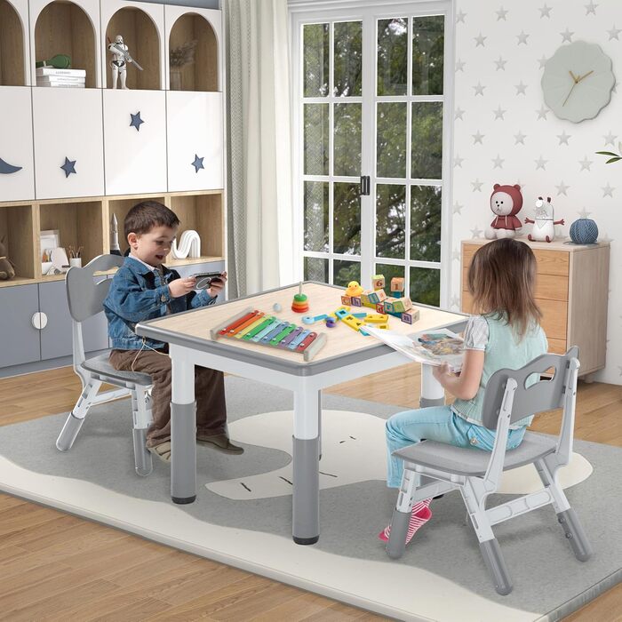 Дитячий стіл зі стільцями, 3 шт. - регульована висота, пластик, 80x60 см. Дитячі меблі для ігор та навчання
