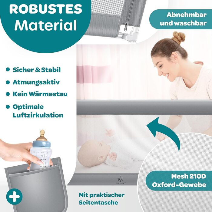 Захисний бортик для ліжка KESSER 200 см, сірий. Бортик для дитячого ліжка, захист від випадання, складаний та регульований по висоті, сітка Mesh, з кишенею