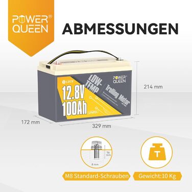 Акумуляторна батарея LiFePO4 Power Queen 12,8 В 100 Ач, літієва батарея із захистом від низької температури, 100 А BMS, 1820 Втгод енергії, 4000 батарея глибокого циклу для каюти, морі, автофургону Сонячна енергетична система 12V100Ah LTP