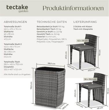 Набір бістро з полі ротанга Tectake, компактний, набір садових меблів з 2 стільцями та столом - сірий