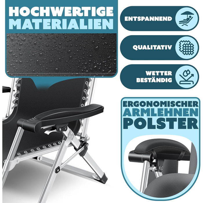 Шезлонг KESSER® для саду, широке лежаче місце, стійкий до погодних умов, витримує до 200 кг, ергономічна спинка з регулюванням, подушка, підголівник, тримач для напоїв, підлокітники та бічна кишеня, антрацит