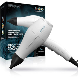 Фен REVAMP Progloss 3850 Featherlite UltraXShine - потужний потік повітря (161 км/год), 2300 Вт для швидшого сушіння з дифузором, для меншого пухнастості та гладкого волосся - Domopolis Exclusive White